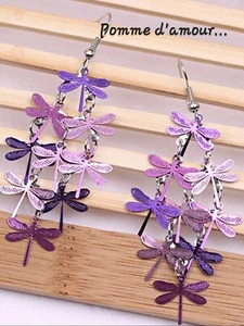Boucle d'oreille création Libellule, dégradé Violet et Crochet Argenté, Neuf - Picture 1 of 1