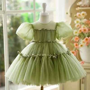 Green Girl Dress Kids Toddler Wedding Birthday Party Princess Knee Length Gown - Picture 1 of 14