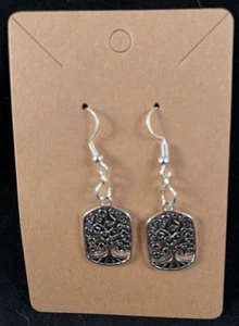 Rectangle Tree of Life Earrings - Silver - Dangle - Silver Hook - Handmade - Picture 1 of 3