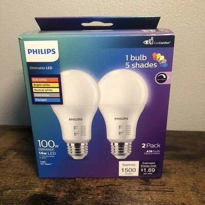 Philips LED Multi-CCT Dip Switch 100W A19 2P: Dimmable 13.7-Year Life -  1 boxes - Image 1 of 4