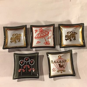 5 Vtg MCM GlassAshtray Sushi Dish Tray Salt 2.25" Square Lion Birdcage Umbrella - Picture 1 of 7