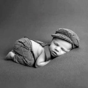 Newborn Photo Prop Shoot Outfit Baby Boy Cap + Pants with Suspenders Infant - Picture 1 of 10