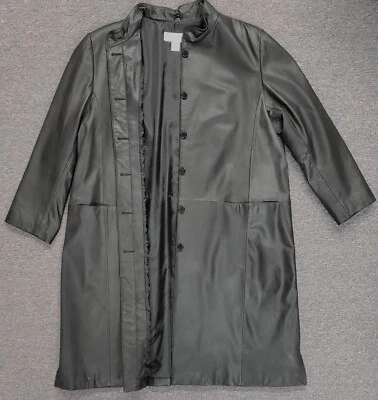 Silhouettes 100% Soft Leather  Ladies Trench Coat Black  Button Down Size 20 - Image 1 of 4