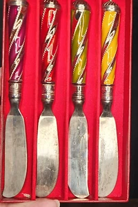 4 colors Neiman Marcus Holiday Butter Cheese Spreaders Knives Red Box Jewel tone - Picture 1 of 3