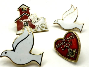 Vintage Lapel Pins Assorted Lot of 4 Mason’s Lady Doves Schoolhouse - Picture 1 of 5