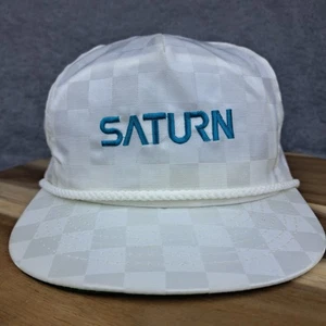 Vintage Saturn GM Hat Cap Snap Back White Checkered Spellout Car Brand Rope Mens - Picture 1 of 9