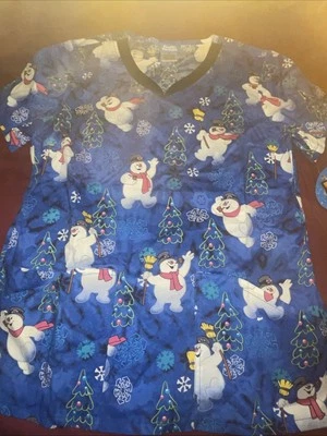 Sale! Frosty The Snowman Cherokee Scrubs Tooniforms Christmas V Neck Top - Med - Image 1 of 4