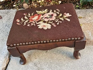 VTG Cross Stitch Brown Floral Footstool Flower Stool Small 13x10x7 Inches - Picture 1 of 17