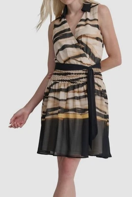 DKNY Women's Beige Black Printed Lined Tie-Waist Collared V-Neck Dress Size 16 - Image 1 of 2