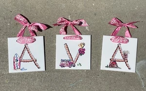 Ava Name 3 Ceramic Tiles Wall Hang Decor Hawaiian Style White with Pink Ribbon - Picture 1 of 11