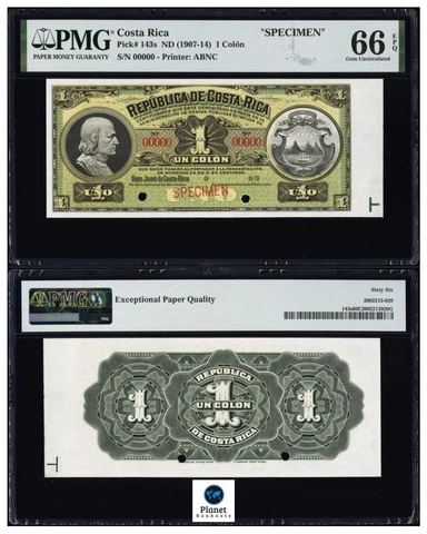 Costa Rica 1 Colon 1910 Pick 143s Specimen PMG Gem Unc 66 EPQ Finest Known, Rare Cover