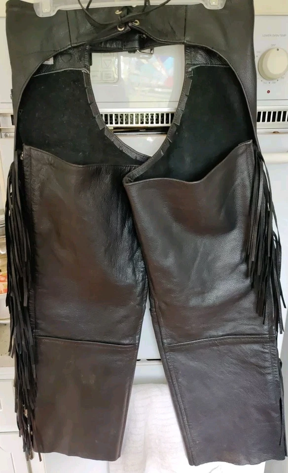 Ropa Z1R para mujer de cuero negro con flecos talla pequeña bolsillo con cordones con cinturón Foto 1 de 4