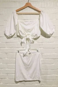 TOB Women 2 Piece Bodycon Cold Shoulder Puff Sleeve Crop Top Wrap Tie Mini Skirt - Picture 1 of 4