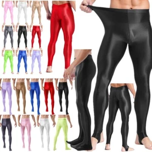 Men Compression Long Pants Glossy Stirrup Tights Seamless Sport Running PantsX - Picture 1 of 33