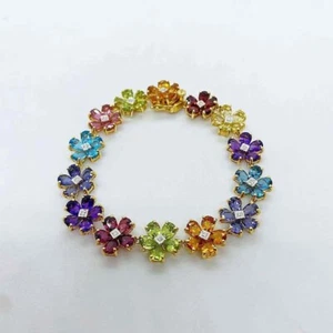 14K Yellow Gold Plated 9.55 Carat Simulated Multi-Gemstone Flower 7" Bracelet - Picture 1 of 10