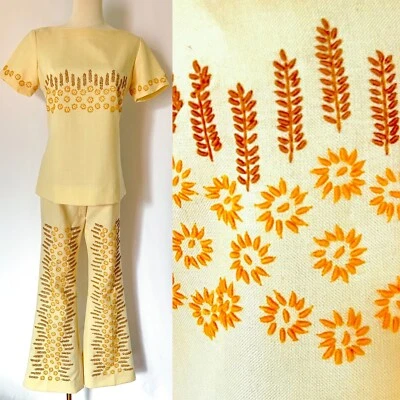 RARE VTG 60s Mod Retro Embroidered Floral 2 Piece Suit High Waist Flare Pants SM - Image 1 of 4