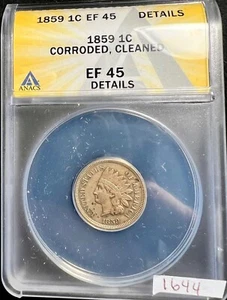 1859 Indian Head Cent 1C ANACS XF EF 45 1st Year Issue Copper Details Coin 1644 - Picture 1 of 4