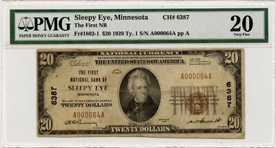 1929 $20 First NB, Sleepy Eye, MN Banknote Ch#6387 PMG VF-20 - Low Serial #! - Image 1 of 2
