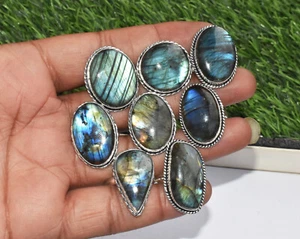 Labradorite Gemstone 5pcs Rings Wholesale Lot 925 Sterling Silver Plated WHR-3 - Picture 1 of 12