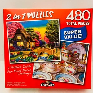 2 PUZZLES in 1 Antique Dishes & Cottage 480 PIECES FACTORY SEALED 11.25 x 9" - Picture 1 of 1