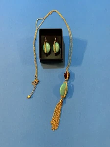 AVON Summer Breeze Pendant Earring Set Goldtone Pendant Tassel Faux Stones - Picture 1 of 2