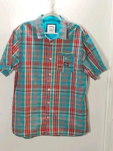 Parish Nation Mens XL Turquoise Y2K Plaid Button Up Classic Casual Pocket Logo  - Picture 1 of 13