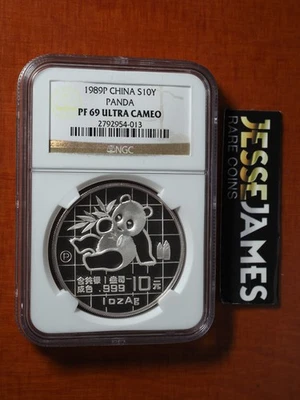 1989 CHINA PROOF SILVER PANDA NGC PF69 ULTRA CAMEO CLASSIC BROWN LABEL 1 OZ .999 - Image 1 of 2