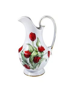 Vintage Studio Art Hand Painted Red Tulip Stoneware Pitcher 10 in - Picture 1 of 9