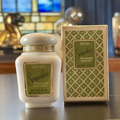 Vintage Avon SOMEWHERE Milk Glass Powder Sachet NEW Old Stock Full Bottle - Image 1 of 4