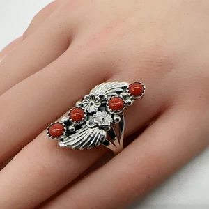 Navajo Native American Sterling Silver Coral Sz-7 Ring 5.7g #bbb - Picture 1 of 12