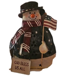 Home Interiors Patriotic God Bless Us All Snowman Tea Light Holder Lantern Metal - Picture 1 of 7