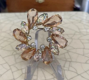 Vtg Large Molded Glass Carnival AB Rhinestone Iridescent Brooch Pin 2 3/8” - Picture 1 of 4