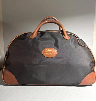 Bolso de viaje Longchamp marrón de nailon y cuero, hecho en Francia Foto 1 de 4
