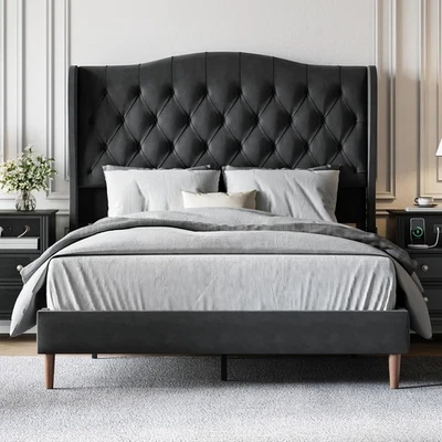 黑色大号天鹅绒软垫床-翼背塔夫特床头板无盒弹簧 — 第 1/4 张图片