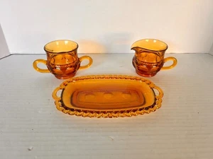 Vintage Amber Indiana Glass Kings Crown Thumbprint Creamer & Sugar & Butter Dish - Picture 1 of 15