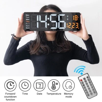 16" Large Jumbo Digital LED Wall Clock Alarm Calendar Temperature Date Dimmer - Image 1 of 4