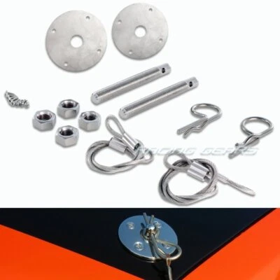 UNIVERSAL STAINLESS STEEL RACING APPEARANCE MOUNT HOOD PIN PLATE BONNET LOCK KIT - Image 1 of 3