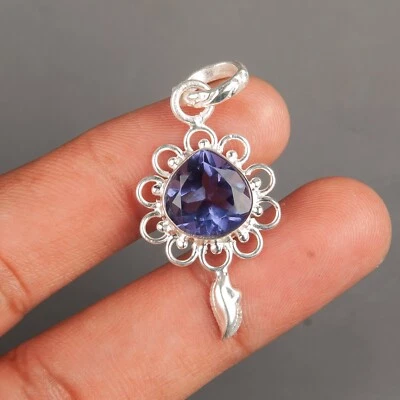 Colgante de piedras preciosas de iolita de plata de ley 925 hecho a mano joyería en forma de corazón 1,80" Foto 1 de 4