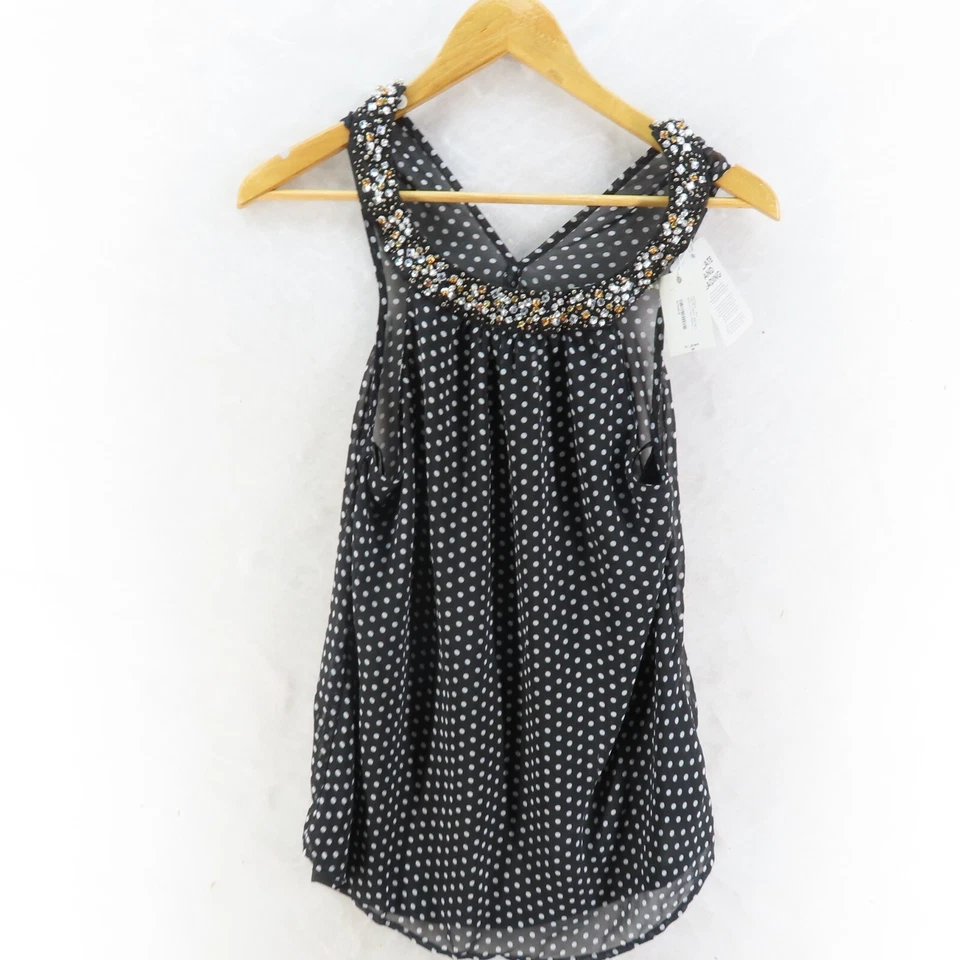 VALLEY GIRL Womens Size 8 Sleeveless Black & White Dot Top Beaded Neckline - image 1 of 4
