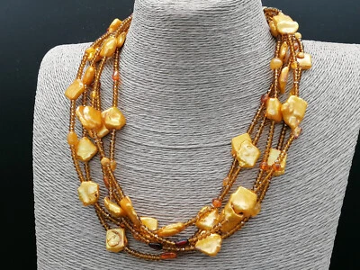 collana donna girocollo multifilo quarzo marrone perle gold fermaglio argento - Immagine 1 di 4