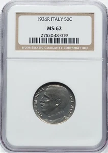 ITALY KINGDOM 1926-R 50 CENTESIMI COIN, NGC CERTIFIED MS62, KEY DATE, PLAIN EDGE - Picture 1 of 2