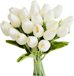 20Pcs White Artificial Tulip Silk Fake Flowers 13.5" for Spring Mother'S Day Eas - Picture 1 of 12