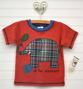 Boys MULBERRIBUSH Sz 12m s/s Shirt Top Orange Plaid Elephant Applique NEW - Picture 1 of 4