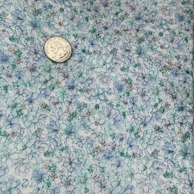 Blue Floral Vtg Fabric 41" x 44" Yard Pc Peter Pan Semi Sheer Watercolor Retro - Image 1 of 4