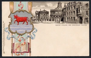 Postcard Oxford Oxfordshire embossed crest Exeter College and Sheldonian Theatre - Picture 1 of 2