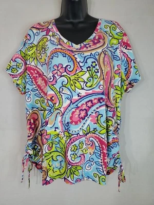 Carribean Joe T-shirt Women's Size 2X Short Sleeve Side Tie Colorful Paisley  - Image 1 of 4