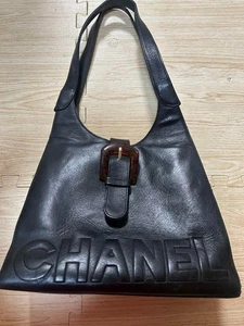 -CHANEL- Black Leather Hobo Shoulder Bag Flap Bag From Japan With Logo -Vintage- - Picture 1 of 3