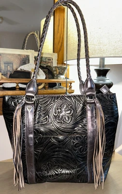 PATRICIA NASH Rena fringe silver black tooled leather tote bag purse EUC - Image 1 of 4