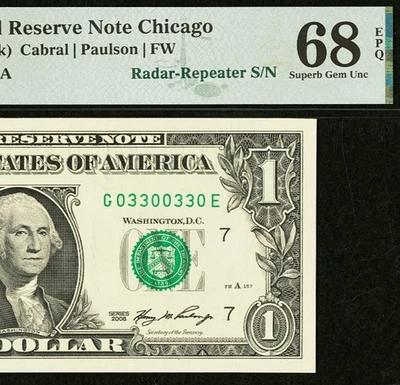 2006 $1 FRN PMG 68EPQ - Top Pop - Gem Radar Repeater Serial Number 03300330 - Image 1 of 4