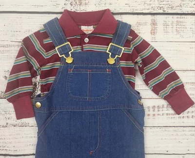 Vintage Little One’s Denim Overalls & Health-Tex Striped Polo Shirt Set – 18M - Image 1 of 4
